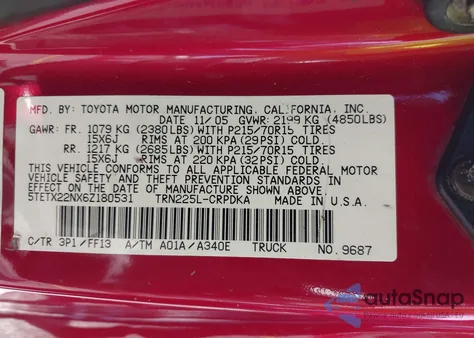 2006 Toyota Tacoma из США, поврежденный, VIN 5TETX22NX6Z180531